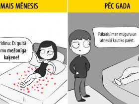 12 komiksi par to, kā izskatās romantiskās attiecības pirmajā mēnesī un pēc gada
